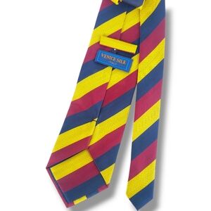 Navy Blue Red Yellow Stripe 100% Silk Made in Italy Venice Necktie Tie Men